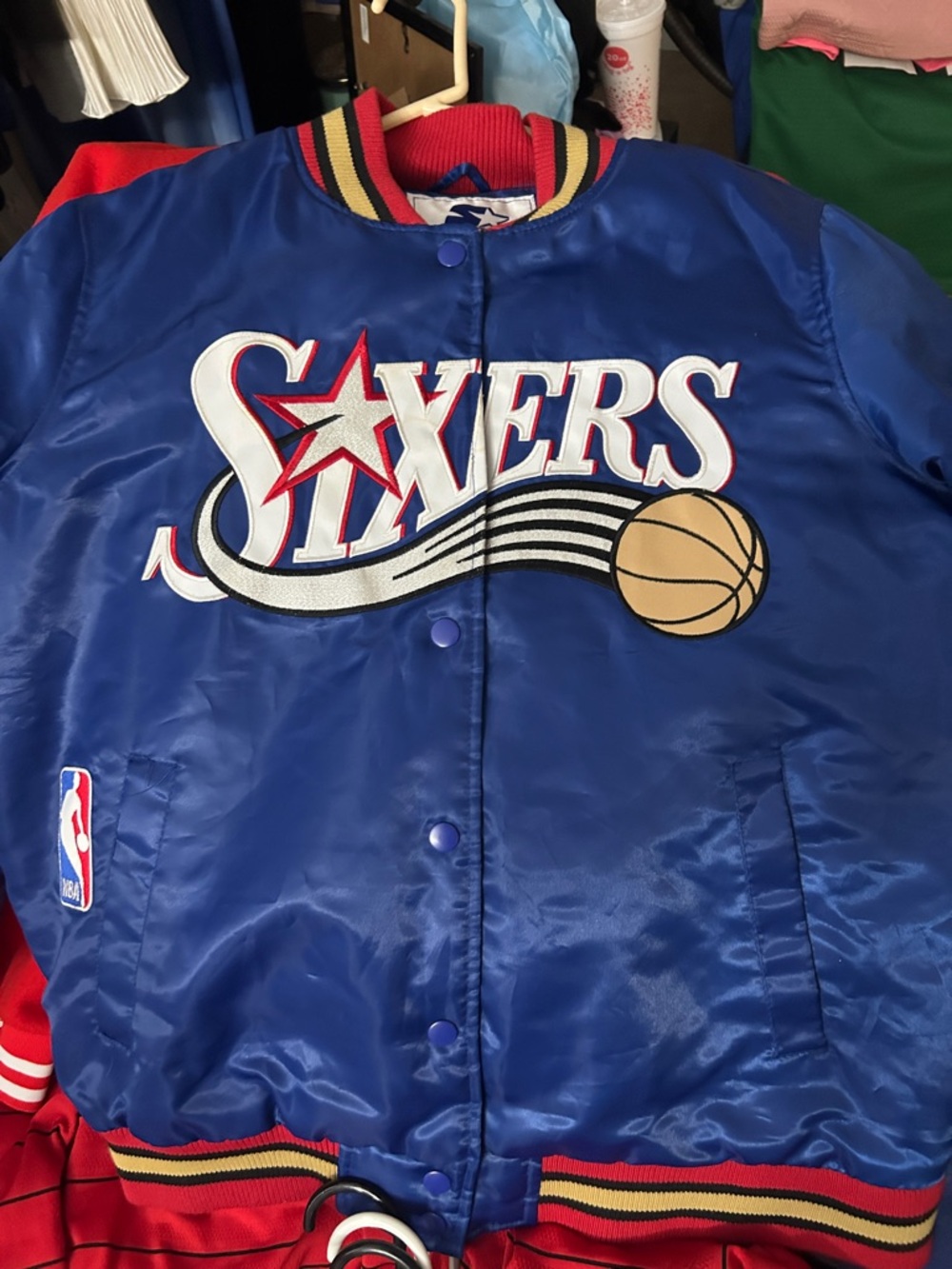 Sixers Satin Bomber Jacket in Royal Blue and Red